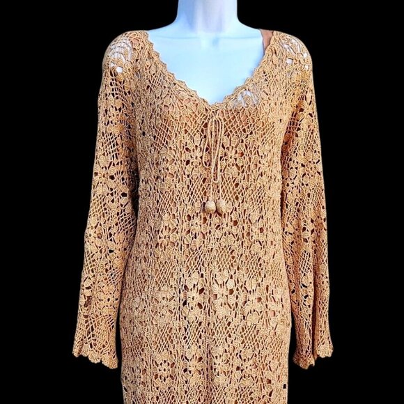 70s Hand Crochet Neutral Beige Maxi Floral Bell Sleeve Boho Volup XL–5X NWOT - Picture 2 of 12
